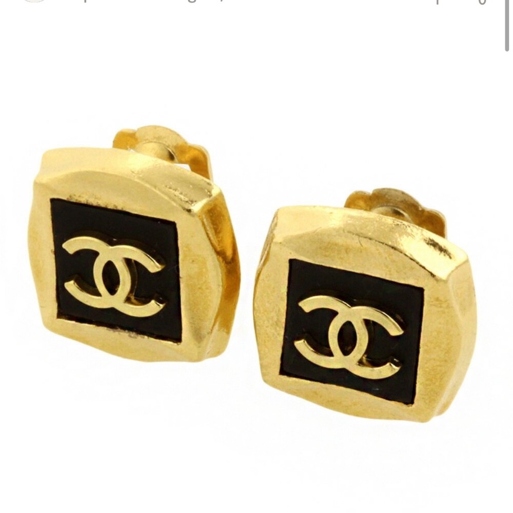 Vintage CHANEL Gold and Black Square Earrings
